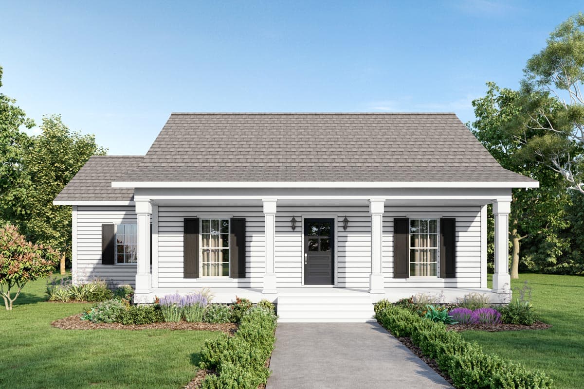 House plan exterior of a one-story cottage with a covered front porch supported by columns, gabled roof, and double-hung windows with shutters.
