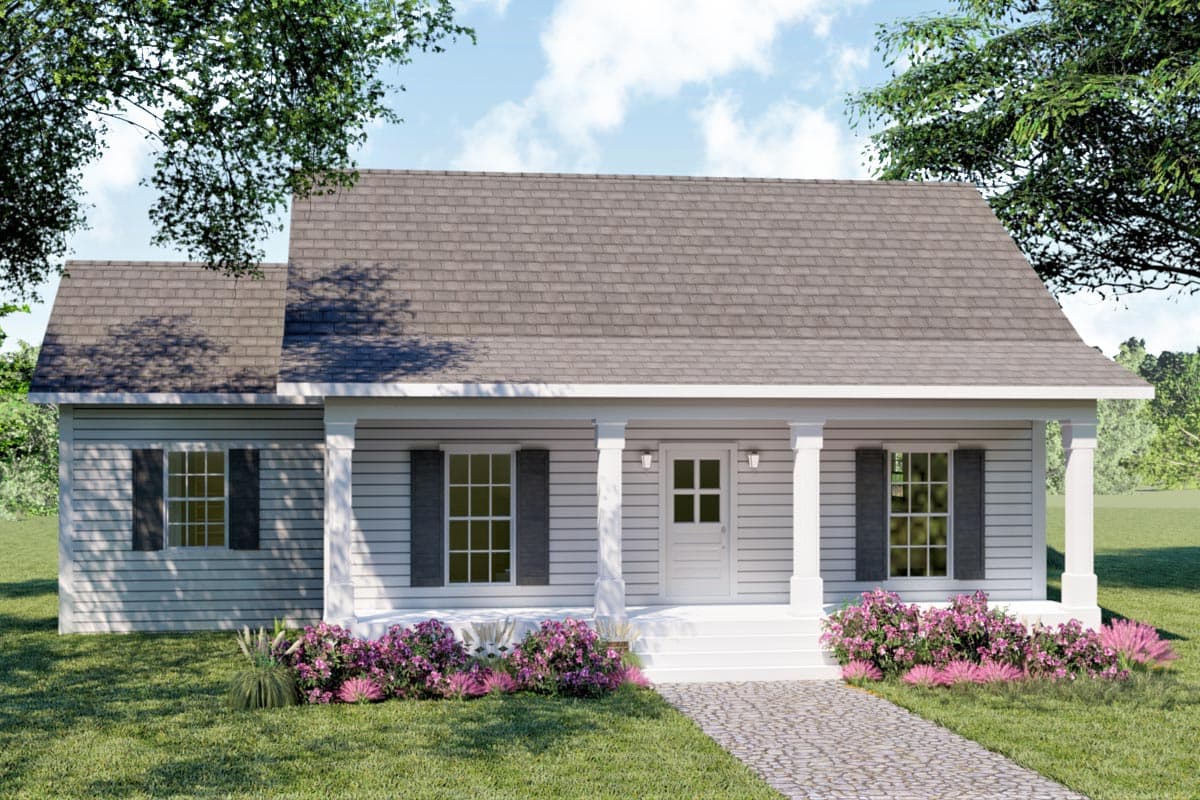 House plan exterior: Ranch-style home with a prominent covered front porch supported by columns, multiple gables, and horizontal siding.