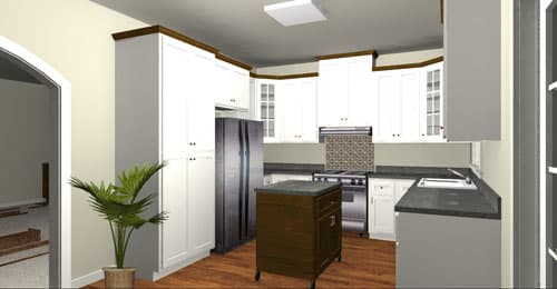 Kitchen with white cabinets, dark countertops, stainless steel appliances, and a dark wood island.