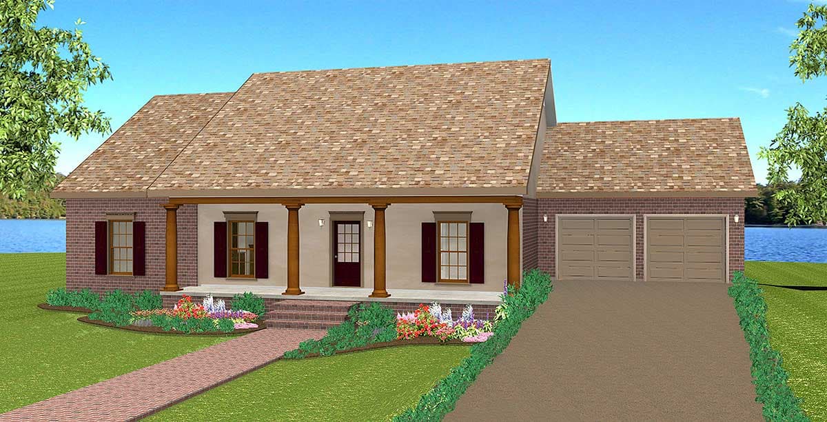 House plan exterior rendering of a one-story brick house with a covered front porch supported by columns, double garage, and gable roof.