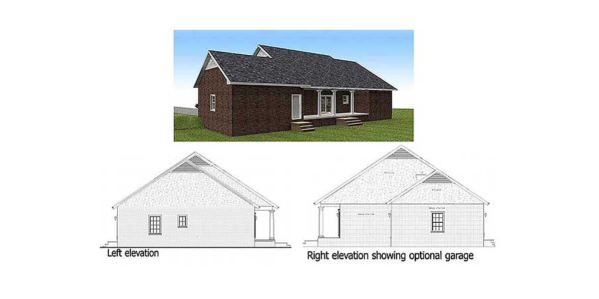 House plan exterior view, left elevation, and right elevation showing optional garage. One-story brick home with covered front porch.
