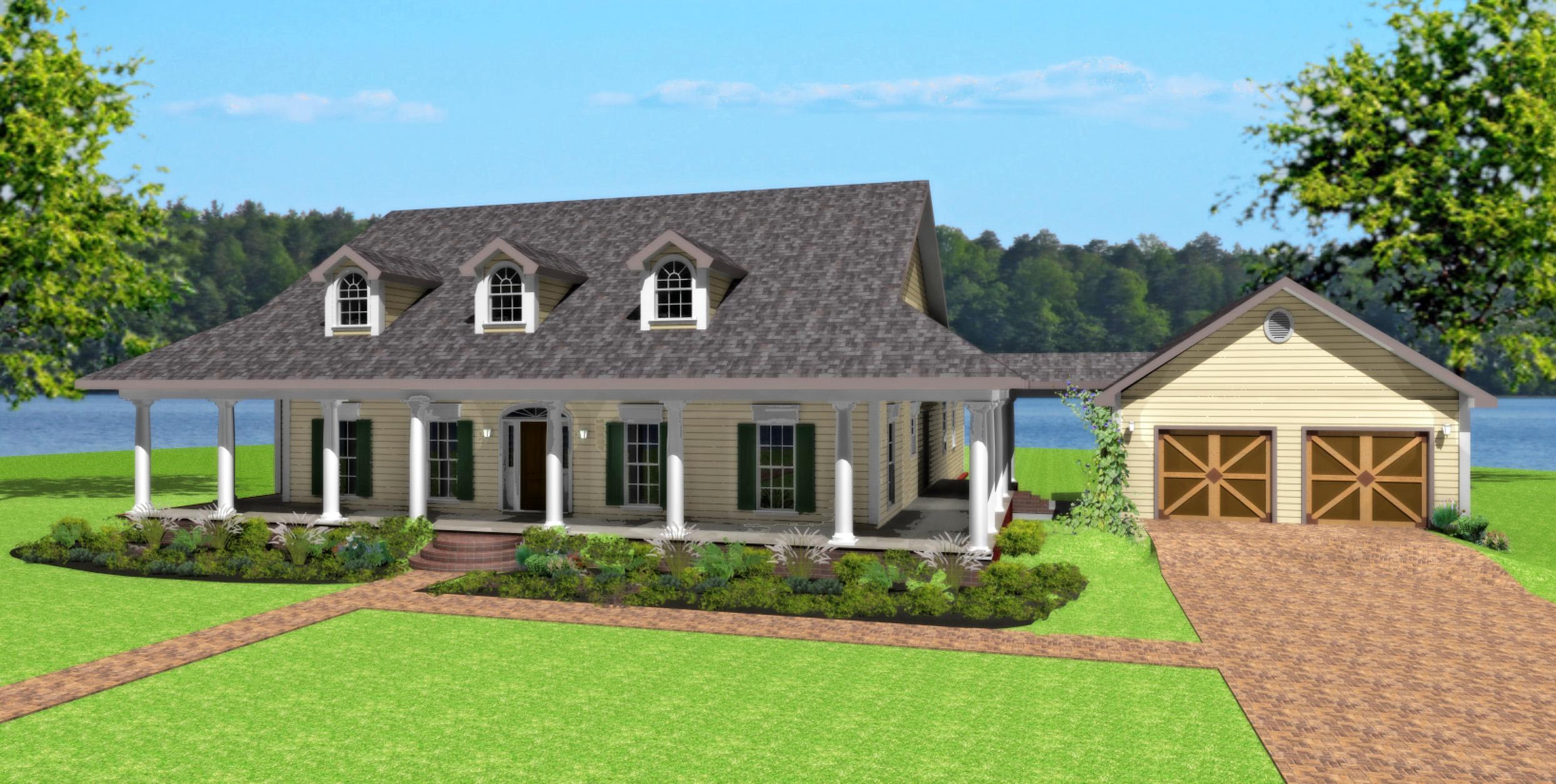 House plan exterior of a one-story home with a wrap-around porch, dormer windows, and an attached two-car garage.