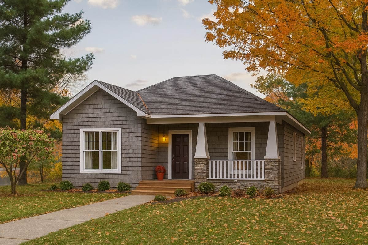 House plan exterior: One-story cottage with a covered front porch, gable rooflines, and shingle siding.