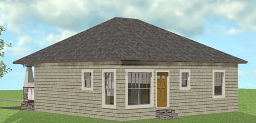 House plan exterior rendering of a single-story home with shingle siding, multiple windows, and a covered porch.