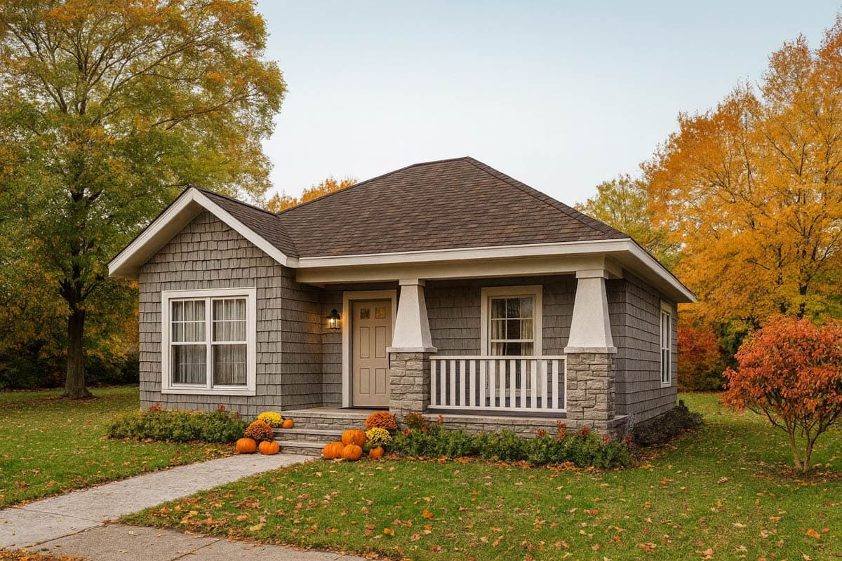 House plan exterior. Craftsman-style, one-story home with a covered porch featuring stone columns and a gabled roofline. Shingle siding.