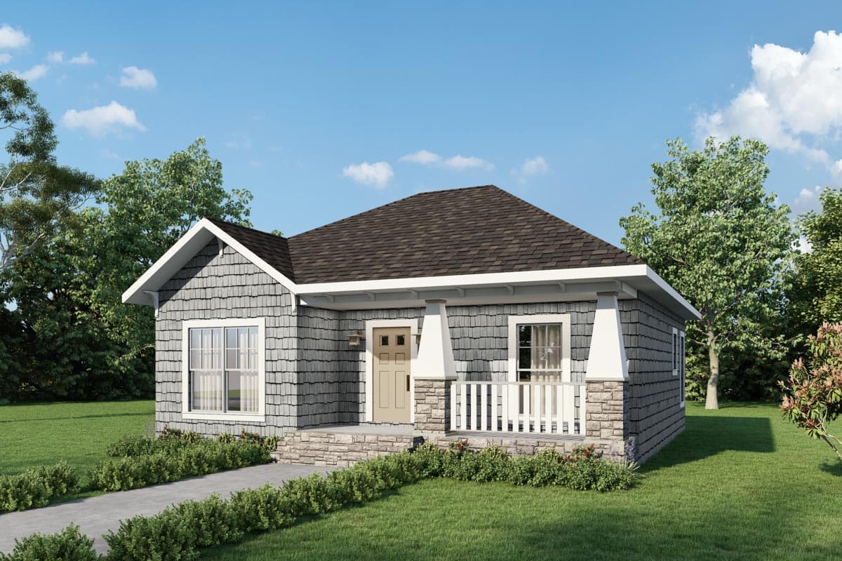 Craftsman house plan exterior, one story, with shingle siding, stone base, and covered front porch with tapered columns.