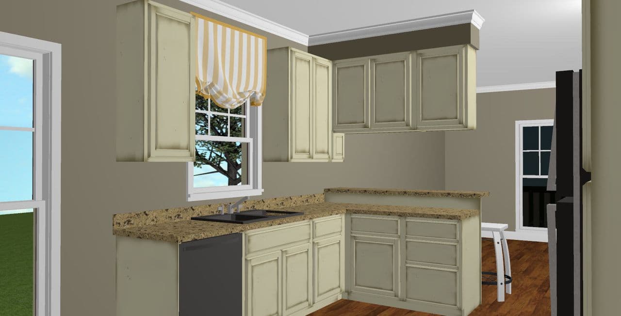 Kitchen rendering with light cabinetry, granite countertops, sink, dishwasher, and window with striped valance.