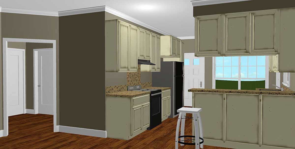 Kitchen with light-colored cabinets, black appliances, granite countertops, a peninsula, and hardwood floors. House plan interior.