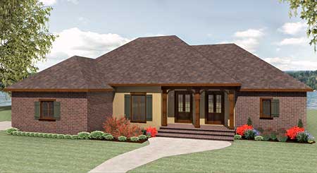 House plan exterior: Ranch style, single-story with a covered front porch supported by wooden columns, brick facade, and hip roof.