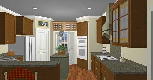 Kitchen rendering with dark wood cabinets, granite countertops, an island, double ovens, and stainless steel refrigerator.