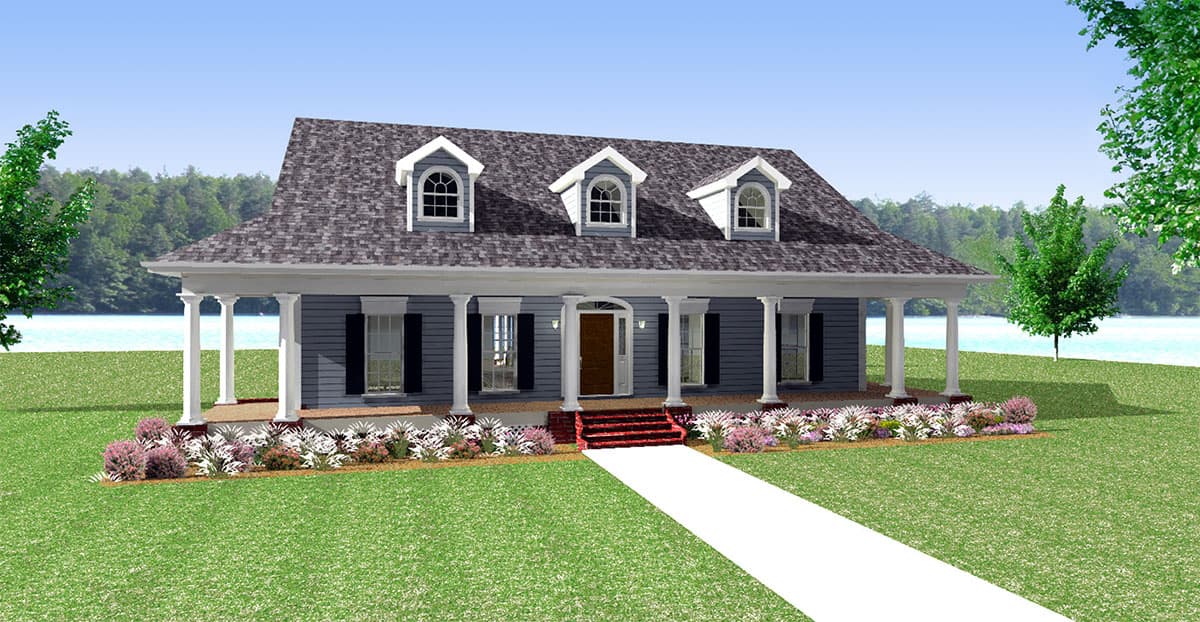 House plan exterior: Two-story home with a full-width covered porch, classical columns, and three dormers on the steep gambrel roof.