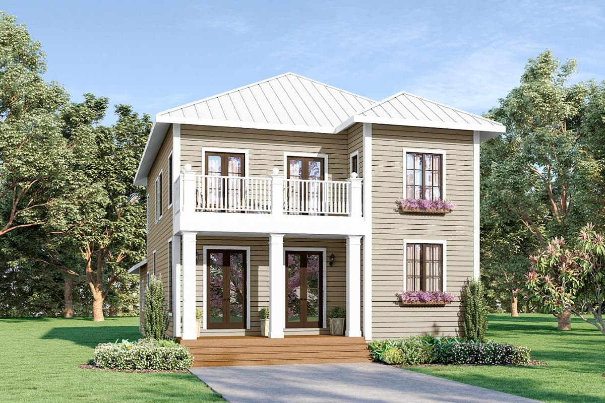 Two-story house plan exterior with lap siding, a standing seam metal roof, and a covered front porch with two support columns.