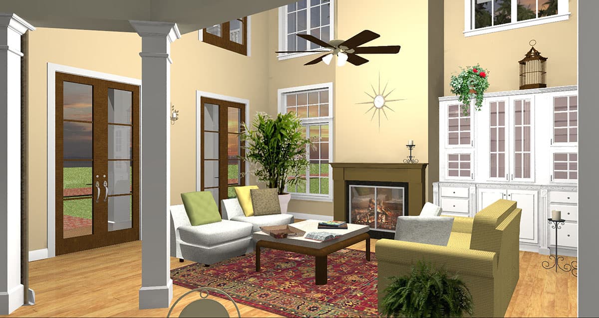 Interior rendering of a living room with a fireplace, built-in cabinetry, and double doors leading outside. High ceilings with fan.