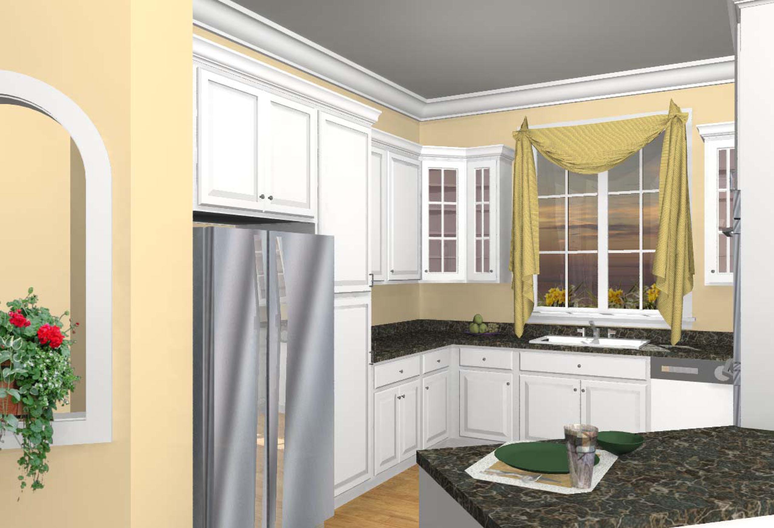 Kitchen rendering showing white cabinets, stainless steel refrigerator, granite countertops, and a bay window with a yellow curtain.