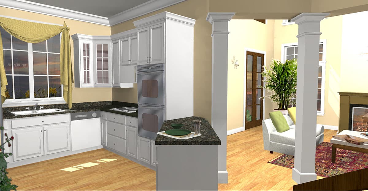 Kitchen rendering with white cabinets, double oven, bay window sink, and open access to a living area with fireplace.