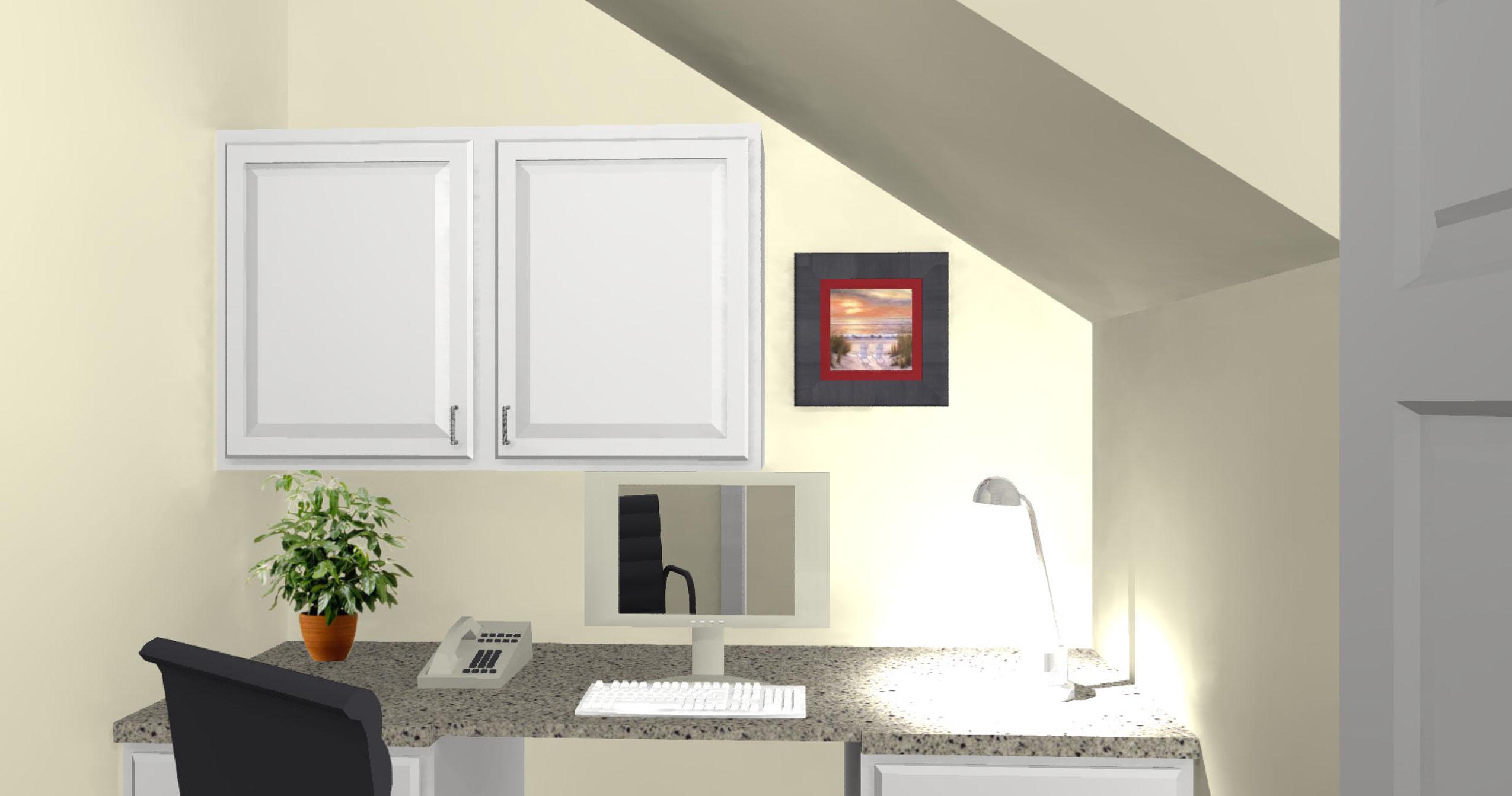 Interior rendering of a home office with white cabinets, a computer, phone, and desk lamp under a sloped ceiling.