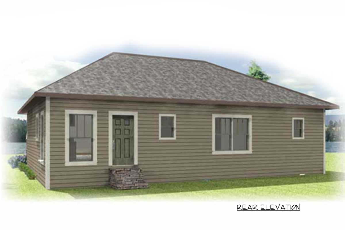 Rear elevation drawing of a one-story house with horizontal siding, a prominent gable roof, and multiple windows.