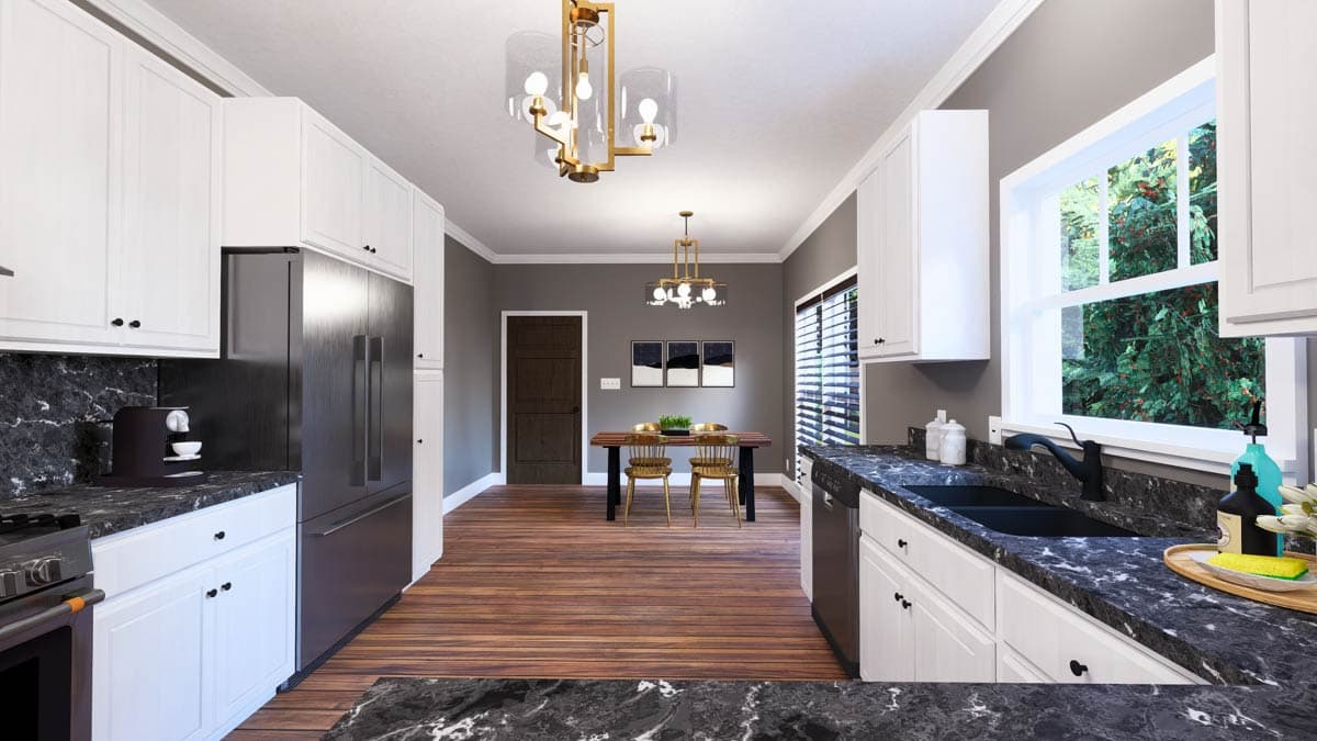 Kitchen and dining area with white cabinetry, granite countertops, stainless steel refrigerator, wood floors, and a dining table.