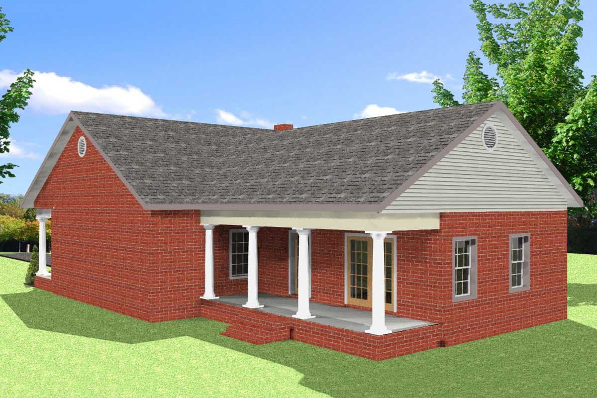 House plan exterior: One-story brick home with a covered porch supported by Doric columns, gabled roof, and oval attic vent.