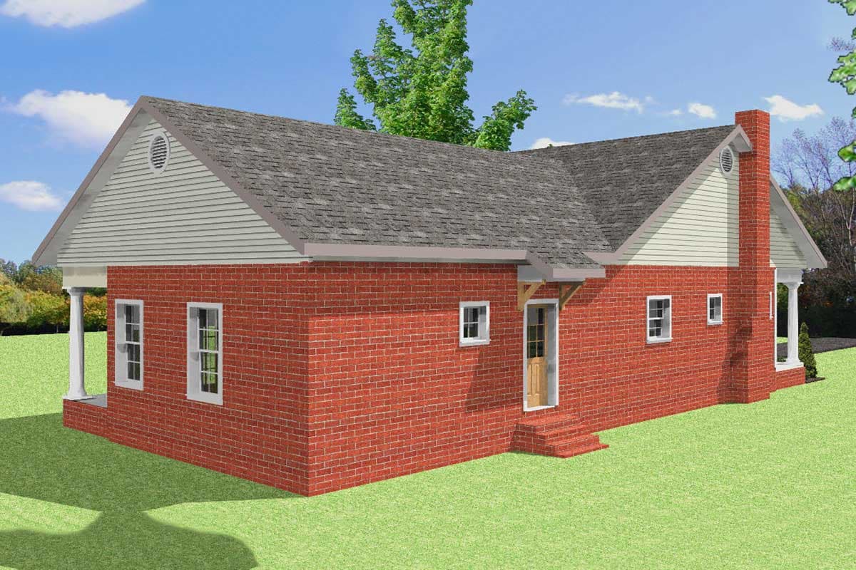 House plan exterior: one-story brick home with gabled roof, visible dormer, front door, and chimney.