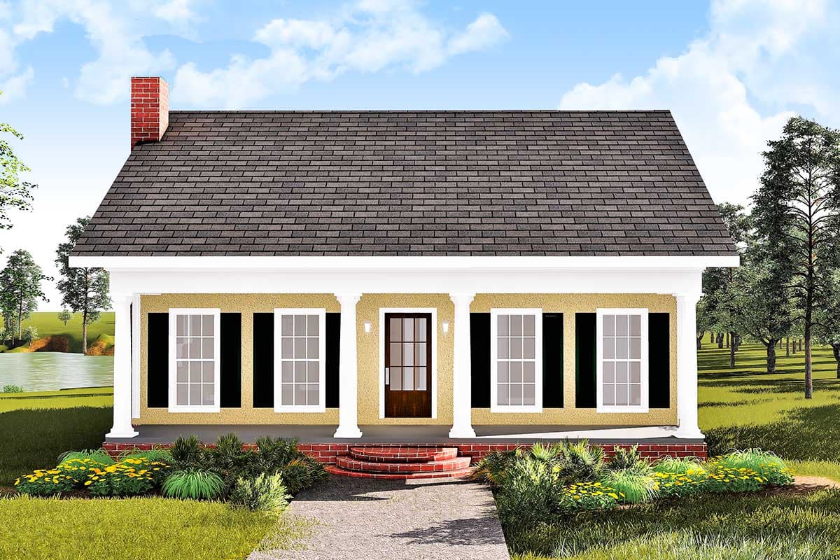 House plan exterior: Single-story home with a covered front porch supported by columns, six windows, and a prominent brick chimney.
