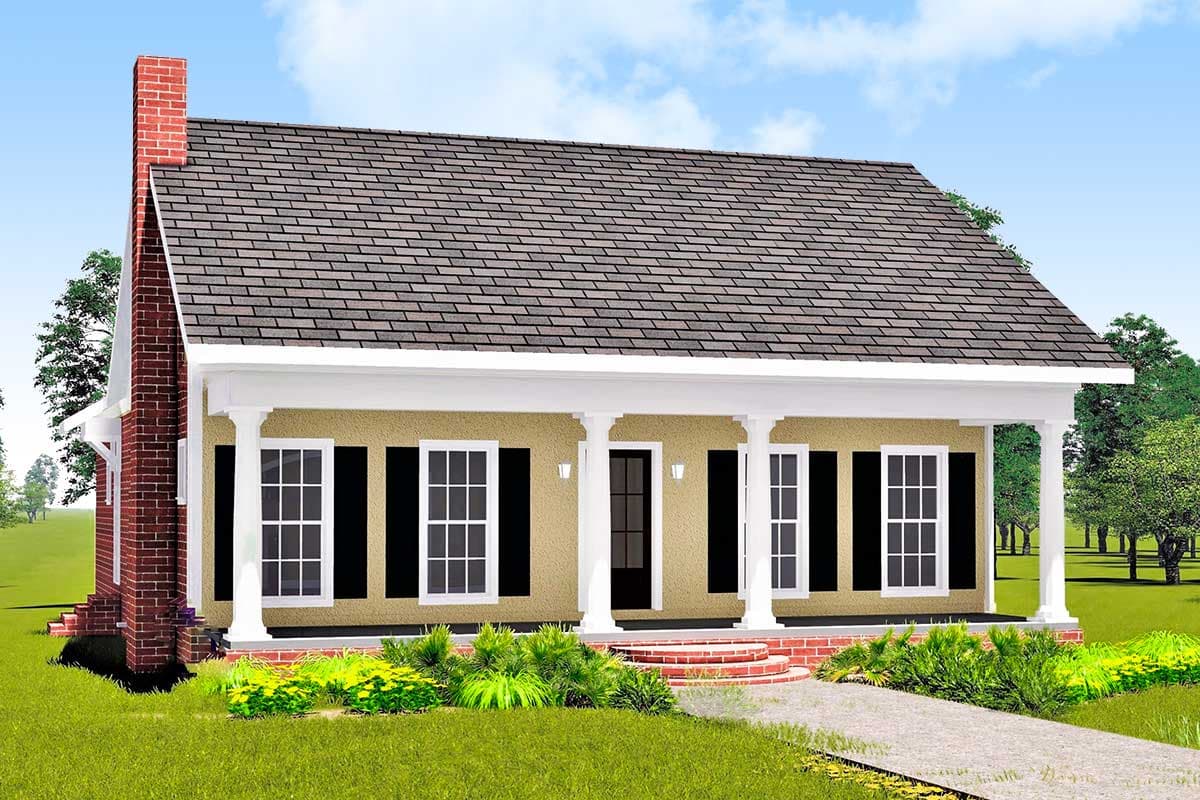 House plan exterior of a one-story home with a covered front porch supported by columns, a brick chimney, and multipane windows.