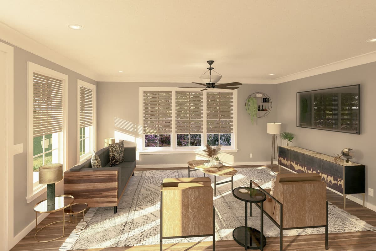 Living room rendering with sofa, chairs, coffee tables, ceiling fan, and TV on wall.