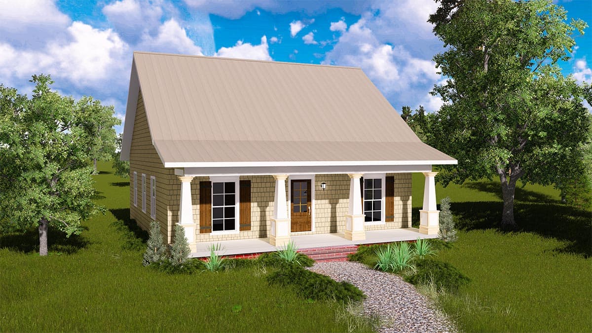 House plan exterior of a one-story cottage with a gable roof, covered front porch with columns, and paired windows.