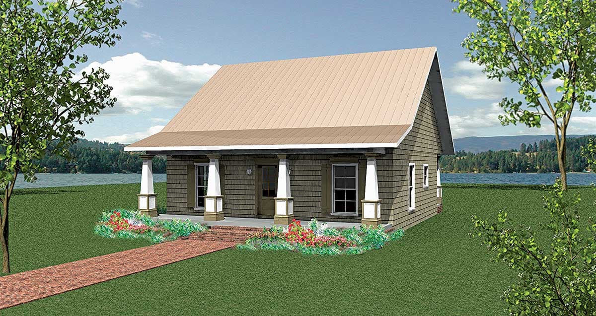 House plan exterior: One-story cottage with front porch supported by square columns, board-and-batten siding, and a standing seam metal roof.