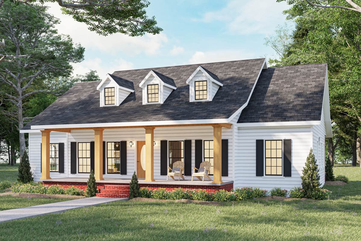 House plan exterior, single-story home with a covered front porch, prominent dormers, and white siding.
