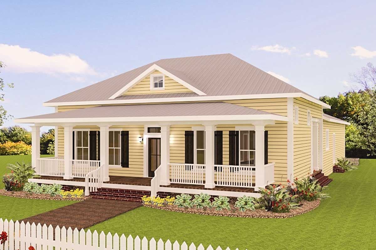 House plan exterior: One-story home with wraparound porch, gable dormer, and metal roof.