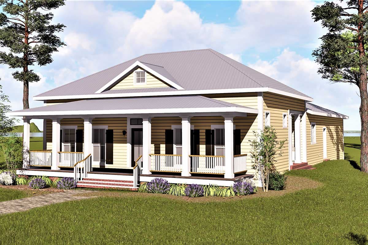 House plan exterior featuring a one-story, Craftsman-style home with a wraparound porch, gable roof, and dormer.