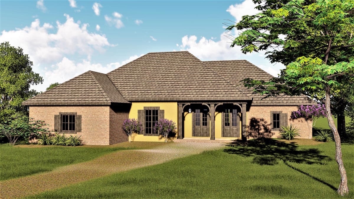 House plan exterior. One-story Ranch style home with a gabled roof, brick facade, and covered front porch with arched supports.