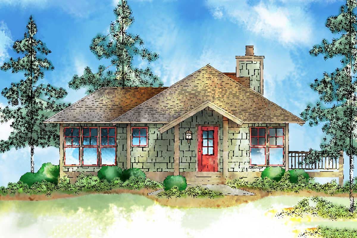 House plan exterior: one-story home with stone siding, prominent gable over entrance, and right-side deck.