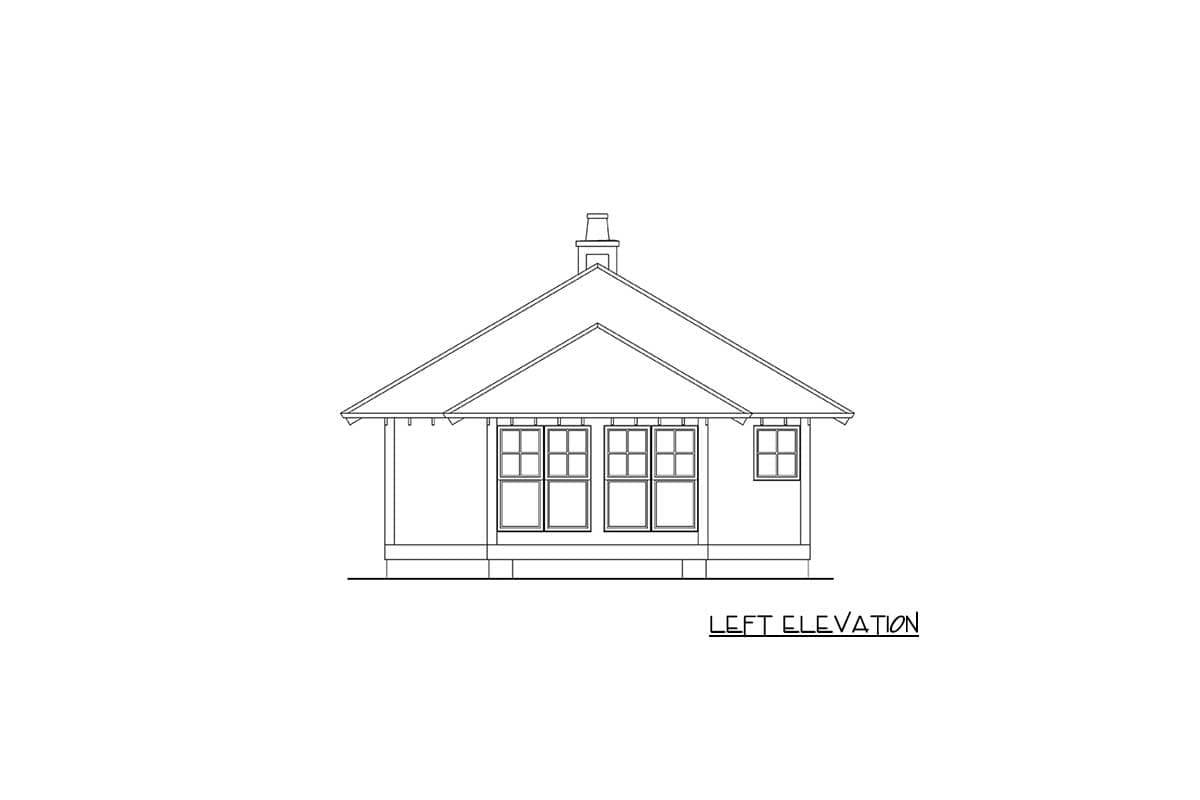Left elevation house plan drawing showing a single-story structure with a prominent gable roof, chimney, and multiple windows.