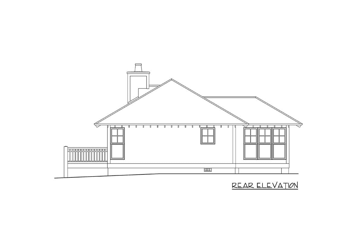 Rear elevation drawing of a one-story house plan with a deck, chimney, and multiple windows.