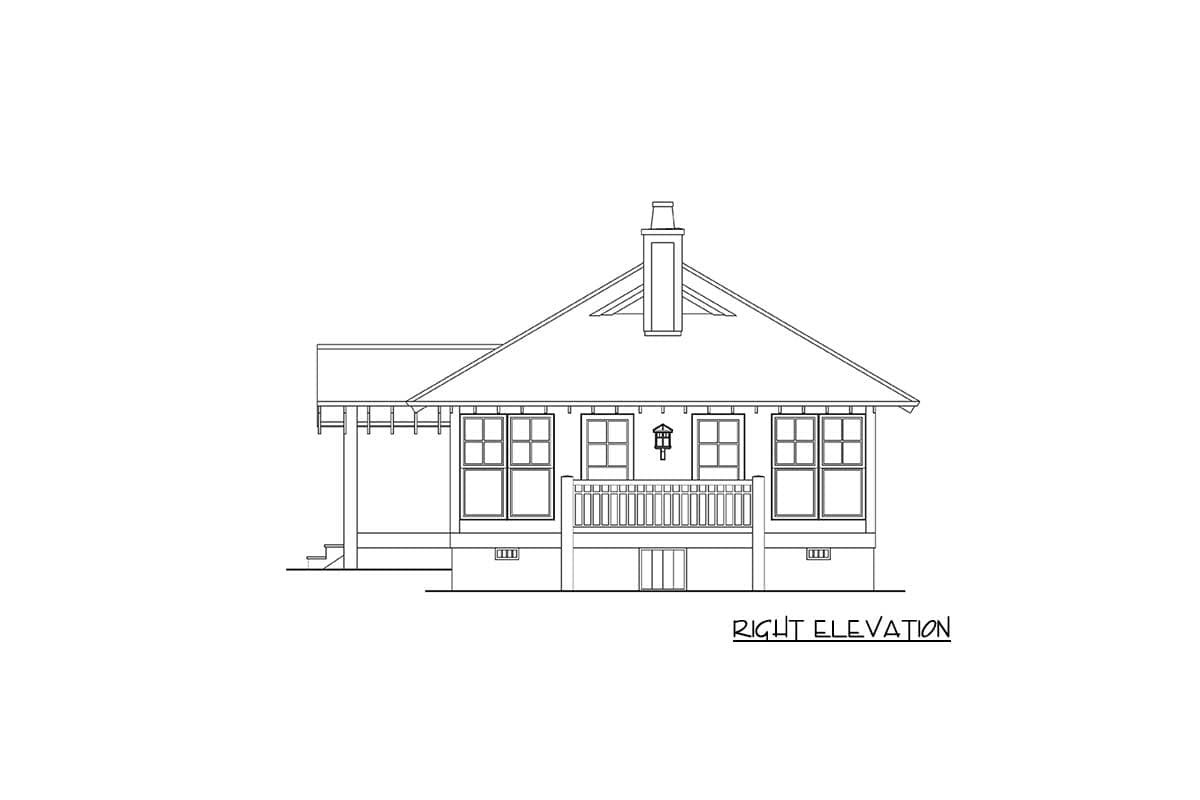 Right elevation house plan drawing showing a single-story structure with a prominent gable, covered porch, and multiple windows.