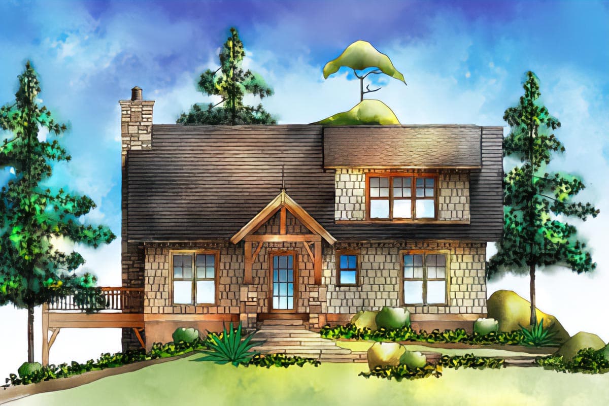 House plan exterior: Two-story lodge style with stone and shingle siding, a gable roof, and a wooden deck.