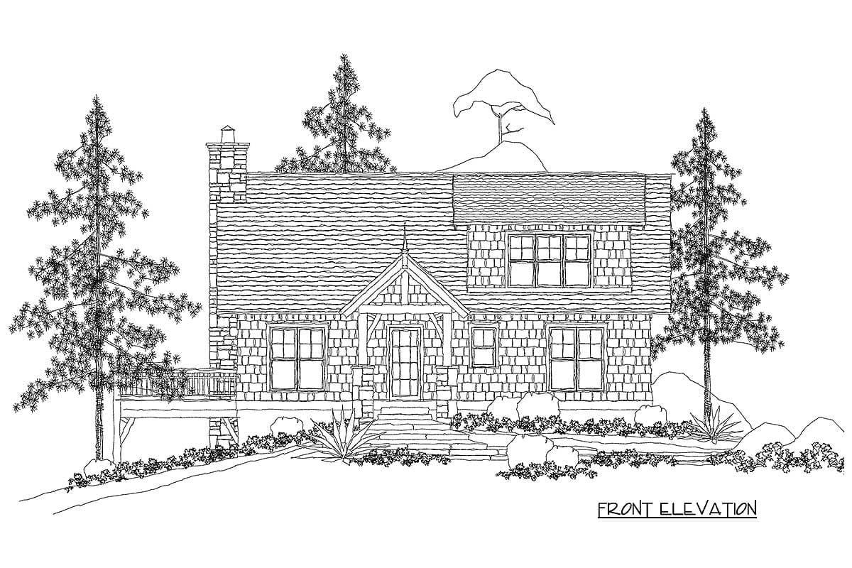 Front elevation house plan with stone and shingle exterior, gabled entry porch, and multiple windows.