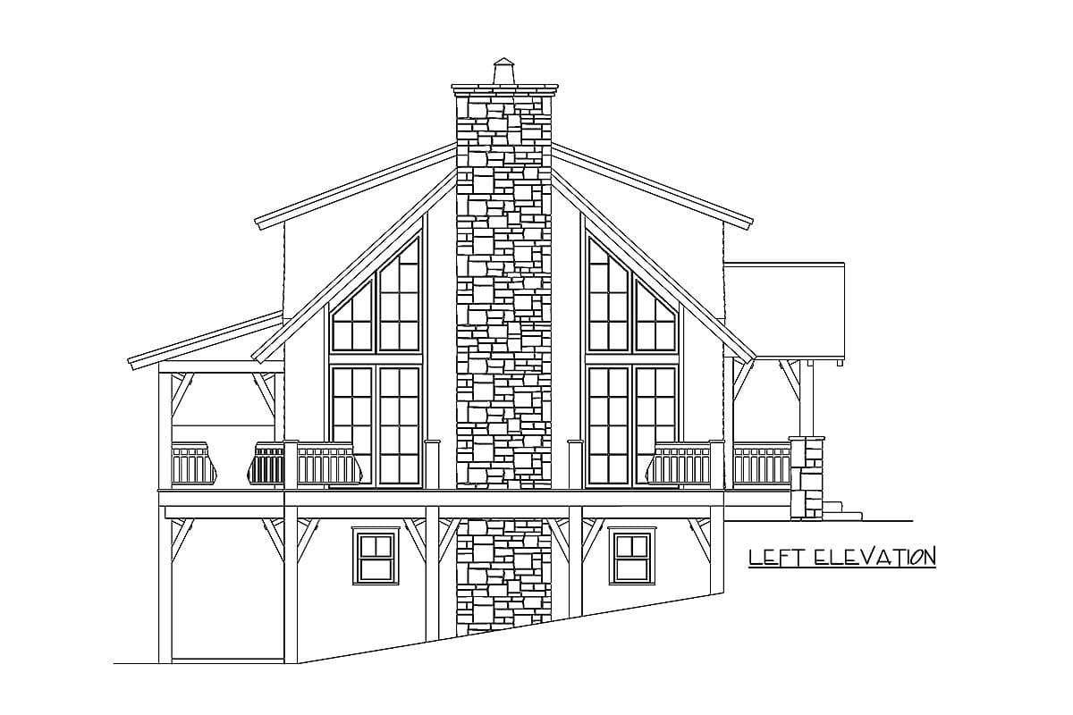 Left elevation drawing of a house plan with a prominent stone chimney, dual gabled rooflines, and covered porches.
