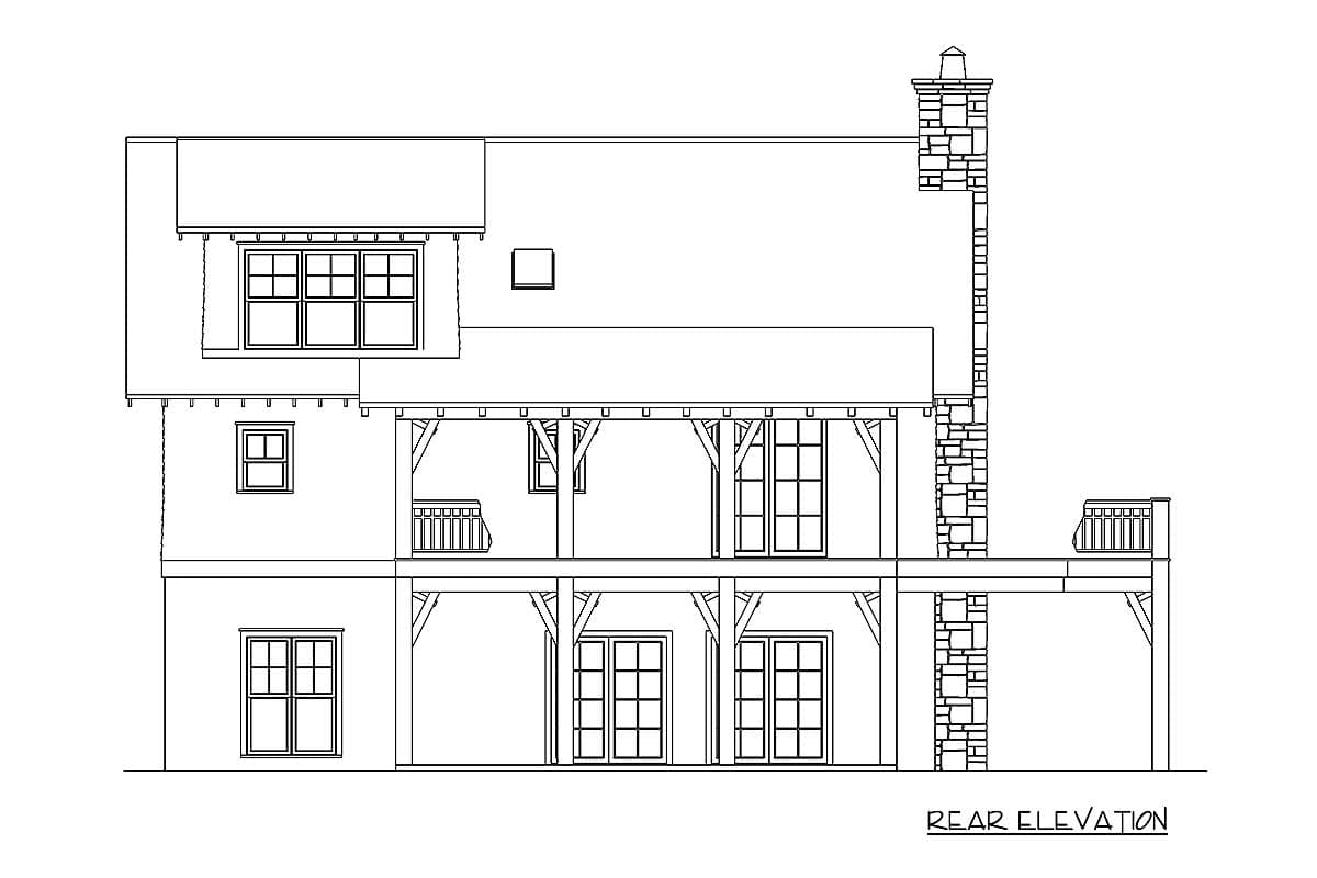 Rear elevation drawing of a house plan featuring a stone chimney, covered porches with exposed beams, and multiple sets of French doors.