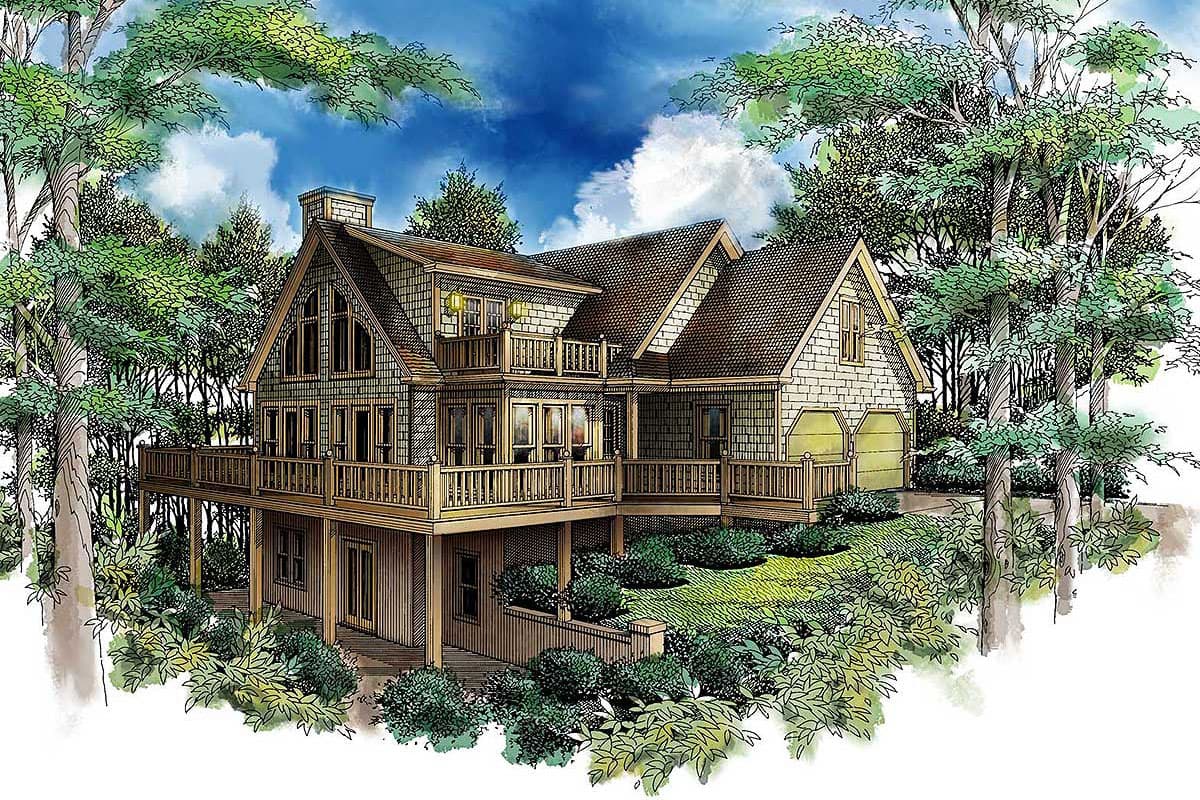 House plan exterior. Two-story, shake siding, gabled roof, and multiple decks. Garage with side-entry and dormer windows visible.