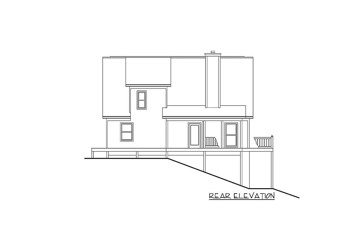 Rear elevation drawing of a house plan with a chimney, multiple windows, and a deck.