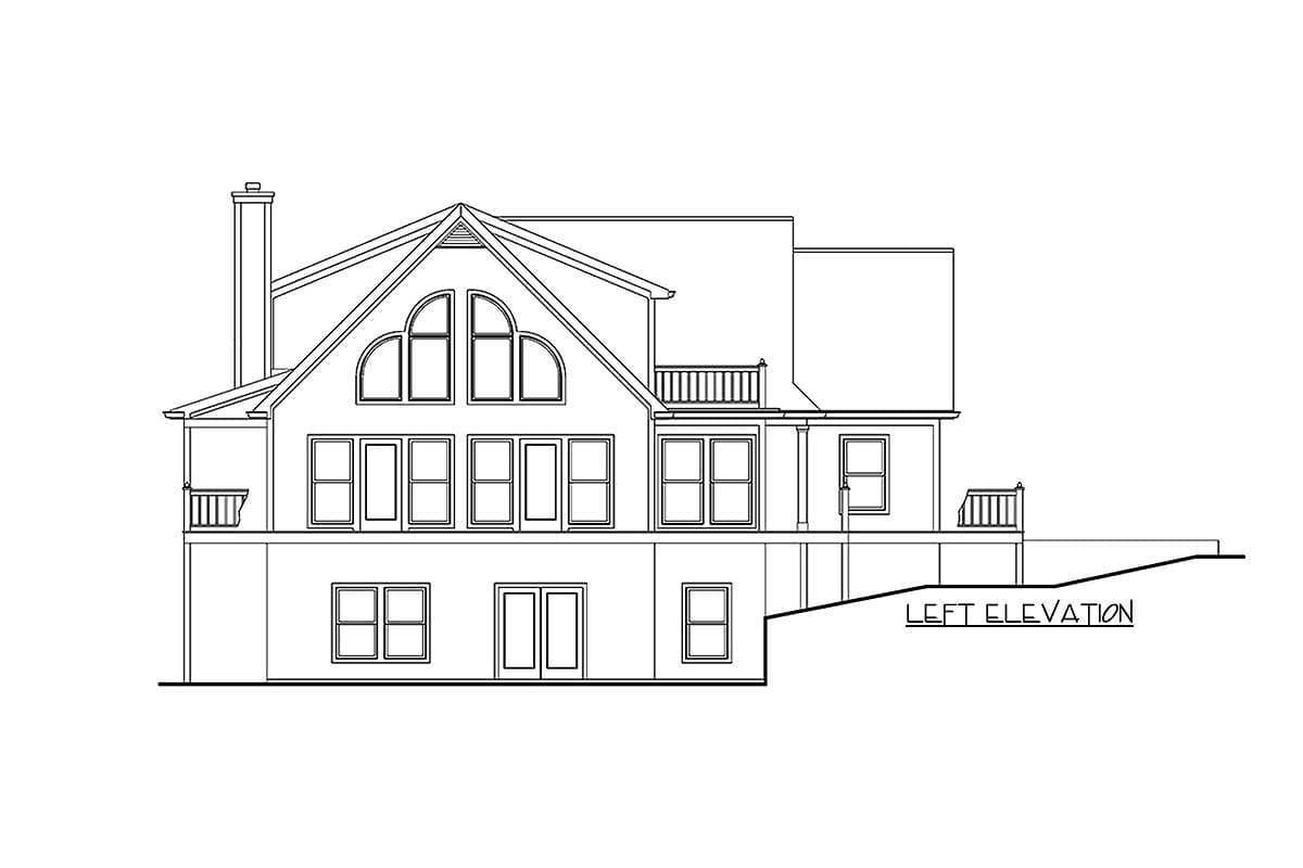 Left elevation drawing of a two-story house plan with arched windows, multiple gables, a chimney, and covered porches.