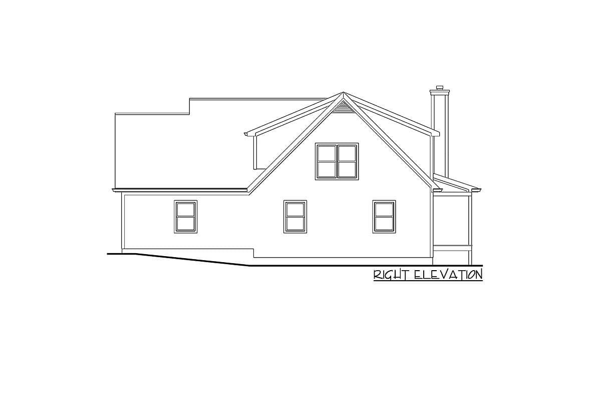 House plan right elevation drawing with dormer, windows, chimney, and porch.