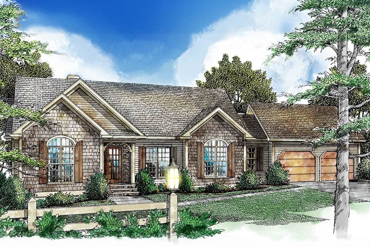 House plan exterior featuring a single story, gabled rooflines, arched windows with shutters, and a side-entry two-car garage.