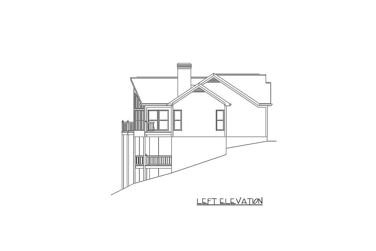 Left elevation drawing of a house plan with a sloping roof, chimney, and a deck overlooking a lower level with a porch.