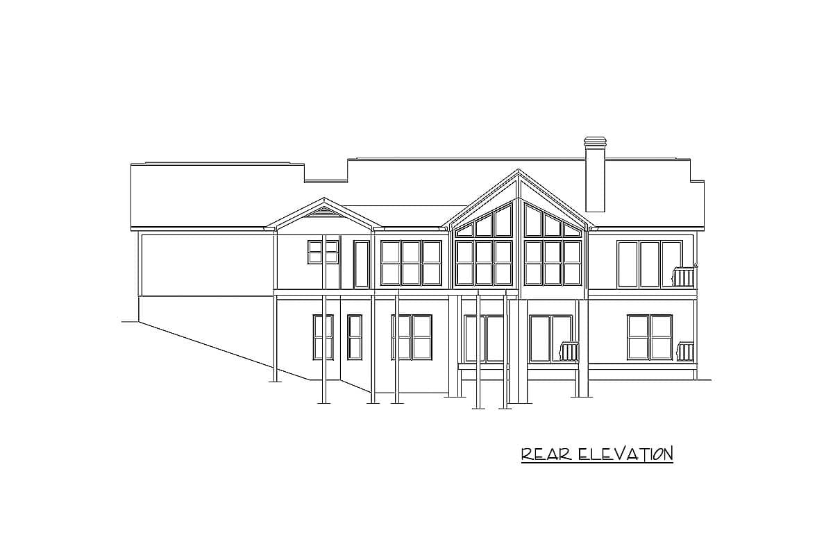 Rear elevation house plan showing multiple gables, varied window arrangements, and balconies.