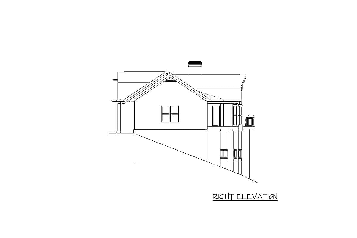 Right elevation house plan showing a gabled roof, chimney, dormer, and a covered porch with a balcony above.