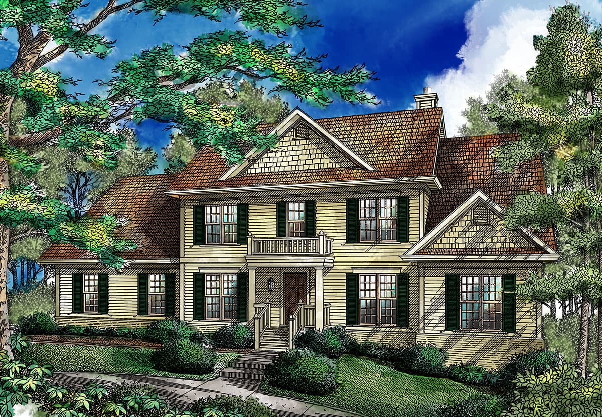 House plan exterior: two-story house with gabled dormers, a central balcony, and a covered entry with steps.